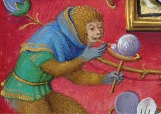 Eine der wohl ältesten Bilder die das Spiel mit der Seifenblase zeigen: 
Isabella Breviary 1480